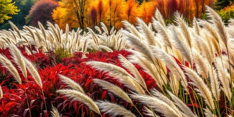 Aerial view: Red and maroon autumn grasses, topped with fluffy white seed heads.