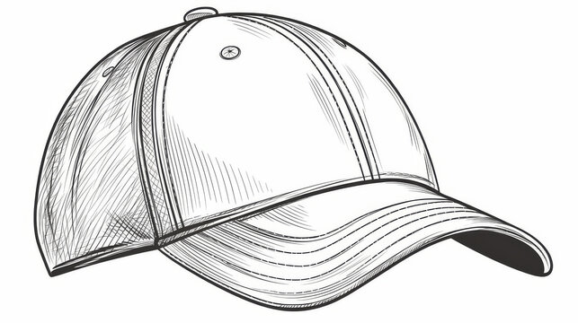 Hat, Design an ultra-realistic coloring book page of the side view of a baseball cap, with vector lines on a white background, in black and grey.