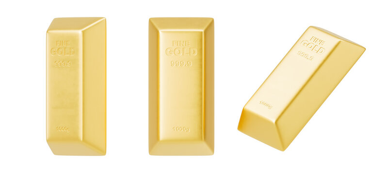 Three gold bars with FINE GOLD and 999. 9 inscriptions, arranged in different positions on a white background. Concept of wealth and investment. 3D Rendering.