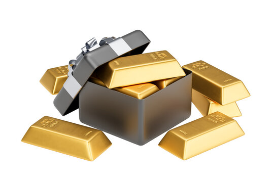 Gold bars inside an open metallic gift box with ribbon, surrounded by more gold bars, on a white background. Concept of luxury and wealth. 3D Rendering