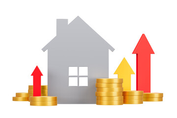 House silhouette with stacked gold coins and rising red and yellow arrows on a white background. Concept of real estate market growth. 3D Rendering.