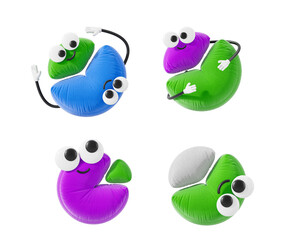 Colorful pie chart-inspired characters with arms, eyes, and smiles, in blue, green, purple, and gray tones on a white background, concept of fun data. 3D Rendering.