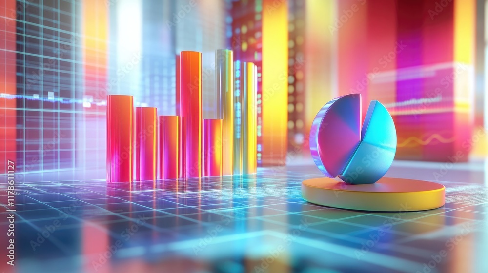 Poster a d financial chart showing bar graphs and pie charts with vivid colors and dynamic lighting effects
