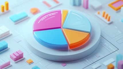 Fototapeta premium A D pie chart floating above a digital interface, with segments rotating and percentages displayed in real-time, representing business analytics and data visualization.