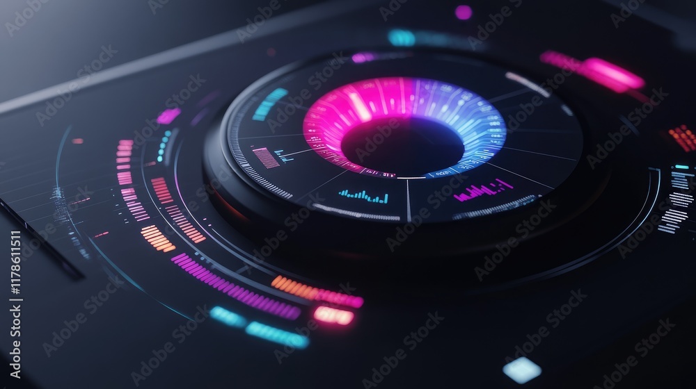 Poster a d pie chart integrated into a futuristic dashboard interface, with glowing segments and detailed m