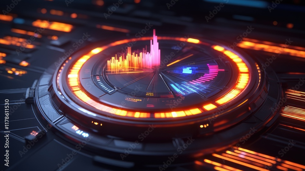 Poster a d pie chart integrated into a futuristic dashboard interface, with glowing segments and detailed m
