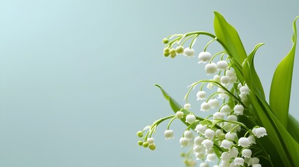 Obraz premium Lily of the valley on blue background flowers background, minimal with copy space for text, floral, wedding invitation, romance, love, nature