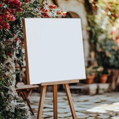 a blank welcome sign on a wooden stand at the entrance of a wedding venue