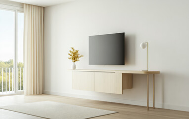 Modern minimalist living room with wall-mounted TV and natural light during the day