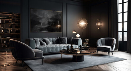 A luxurious interior design scene featuring high-end Italian modern and elegant living room setup