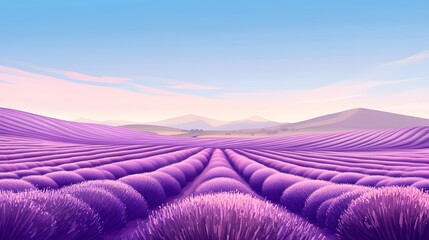 Tranquil lavender fields under a clear daytime sky, with rows of purple flowers stretching to the horizon. Captures the tranquility and beauty of nature