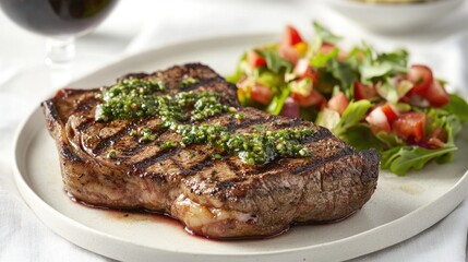 A beautifully arranged steak dinner featuring a thick cut of meat, drizzled with chimichurri sauce, alongside a colorful salad and a glass of red wine, presented on a white tablecloth.