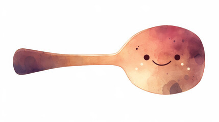 spoon, A cute, smiling spoon, a simple watercolor illustration clipart on a white background, in the style of Jon Klassen and Oliver Jeffers, minimalist in design.