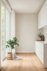 Bright and minimalist interior space with plants and natural light in a modern home
