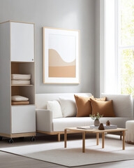 Modern living room with minimalist furniture and warm color accents in bright daylight