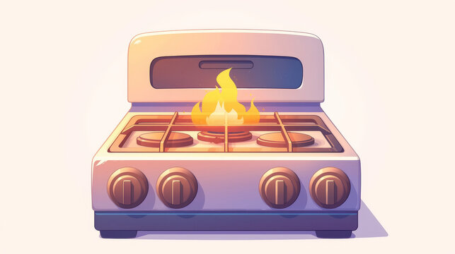 Gas stove, A cartoon flat illustration of an electric stove with flames on a white background, vector art, simple shapes, cute style, low details, no shadows, no gradient shading, vector art, simple 