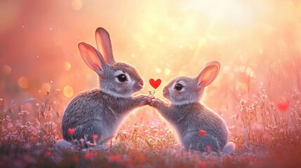 A pair of rabbits sitting in a meadow during sunset, with one offering the other a bouquet of tiny flowers shaped like hearts, surrounded by soft pink and red hues