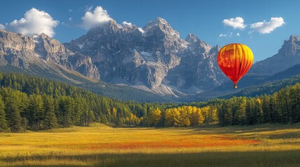 Obraz premium A vibrant landscape featuring mountains, a colorful hot air balloon, and a lush meadow.