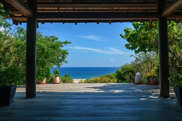 Naklejka premium Ocean view from tropical resort patio