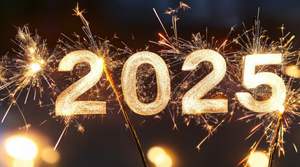 Top - Notch Shot of Fireworks and Glowing "2025" Lights, Setting Enchanting New Year's Scene