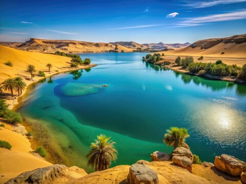 Chad's Ennedi Desert reveals Boukkou Lake's vibrant beauty in this panoramic Ounianga Serir aerial shot.