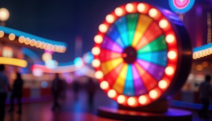 Colorful vibrant wheel of fortune at carnival amusement park. People around colorful entertainment game. Night scene. Lots of colorful lights. Chance to win prizes. Fun atmosphere, excitement