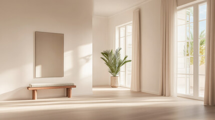 Minimalist interior design featuring natural light and greenery in a bright room