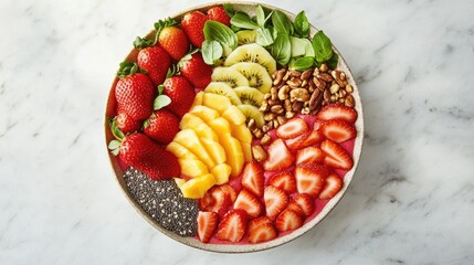 A beautiful flat lay of a strawberry smoothie bowl garnished with sliced fruits, nuts, and seeds, set against a marble background, showcasing healthy eating