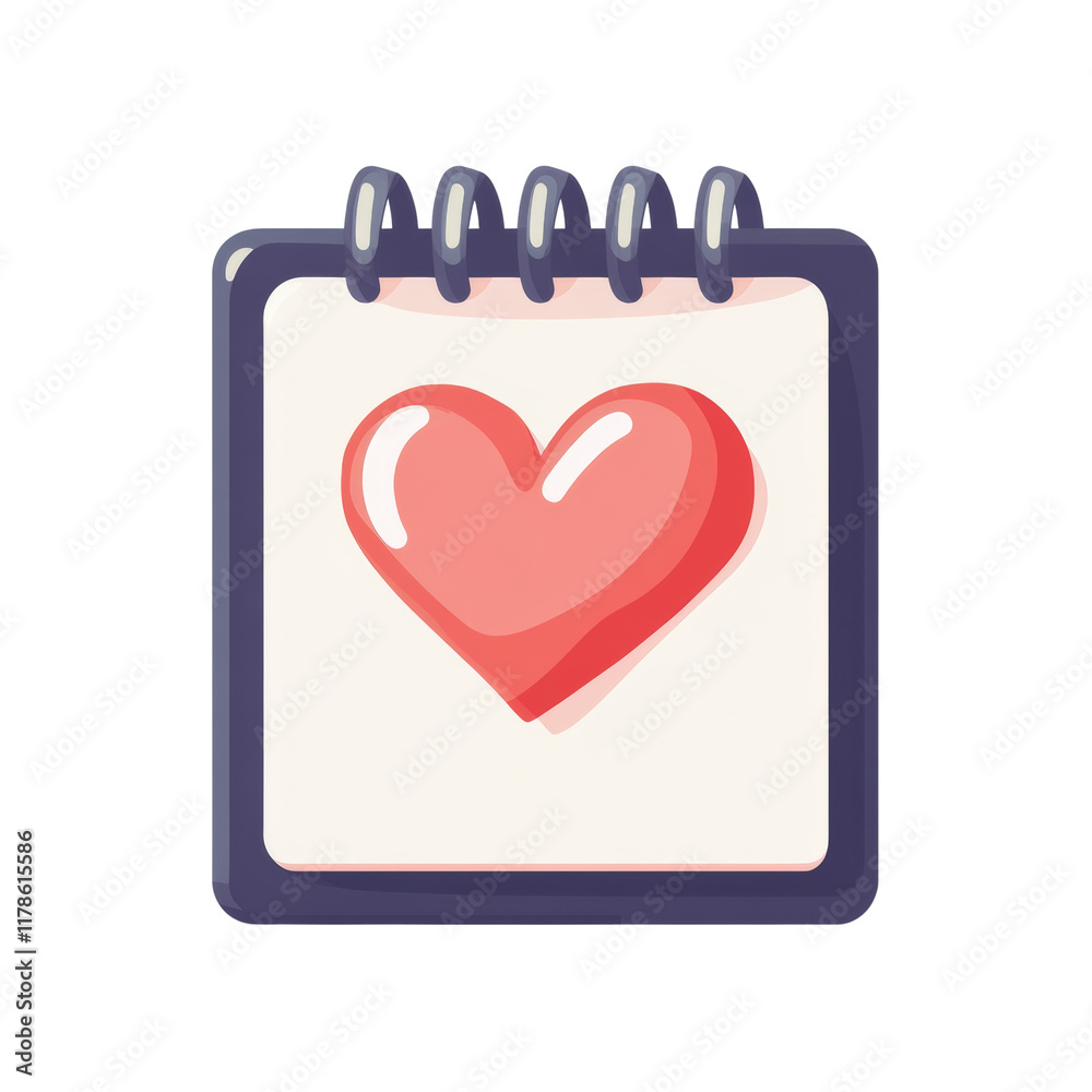 Poster a cartoon illustration of a calendar page featuring a large red heart as its central element.