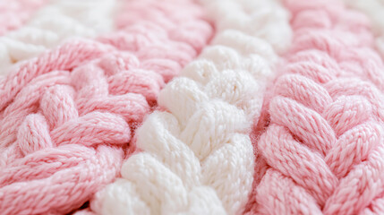 Close-up of Soft Pink and White Knitted Fabric, A close-up view of a textured knitted fabric, showcasing a charming blend of soft pink and white colors.