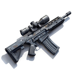 Close-up view of a futuristic, black tactical rifle with scope. 
