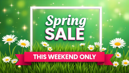 Spring sale banner with vibrant green background, daisies, and grass featuring bold text and a red ribbon for promotional use.