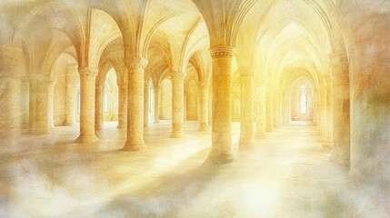 Obraz premium Sunlit Abbey Interior Gothic Architecture Columns Arches