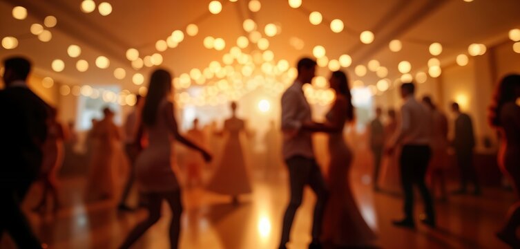 Blurred figures of people dancing joyfully in a glowing hall. Festive warm atmosphere. People dance and socialize during elegant event. Glowing bokeh lights create dynamic ambiance.