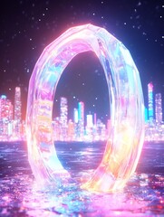 Obraz premium Vibrant Digital Painting: Futuristic Cityscape Glows Behind Luminous Crystal Ring. AI Generated