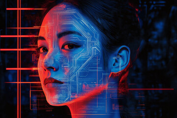 A woman's face is overlaid with glowing blue and red circuit board patterns. Neon lines crisscross the background. Digital art style.