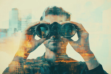 Double exposure image of a man using binoculars, superimposed with a vibrant cityscape at night. Symbolizes urban exploration, future vision, and discovery.