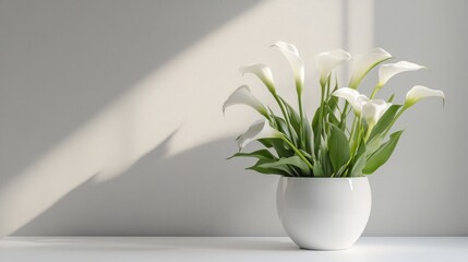 White calla lilies in a white bowl, illuminated by sunlight against a white wall.