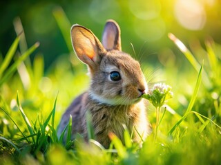 Cute baby rabbit happily munches grass in a sunny garden.