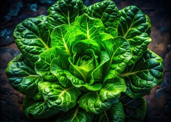 Fototapeta premium Dark, moody romaine lettuce salad; top-down AI-generated culinary image, emphasizing texture and shadow.