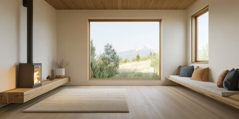 Modern living room with large window showcasing mountain view and natural light