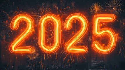 Top - Notch Shot of Fireworks and Glowing "2025" Lights, Setting Enchanting New Year's Scene
