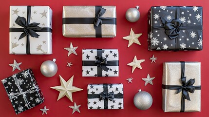 A top view of wrapped gifts, Xmas ornaments, and stars on a red background, ideal for creating a sense of urgency in holiday promotions with room for copy space.