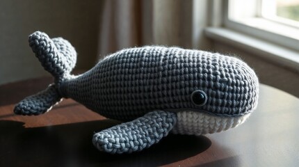 Obraz premium A realistic, handmade crochet humpback whale, crafted from gray yarn, showcasing detailed textures and intricate stitching on the head, fins, and tail. The whale is soft, stuffed, and three-dimension
