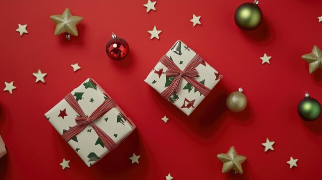 A top view of wrapped gifts, Xmas ornaments, and stars on a red background, ideal for creating a sense of urgency in holiday promotions with room for copy space.