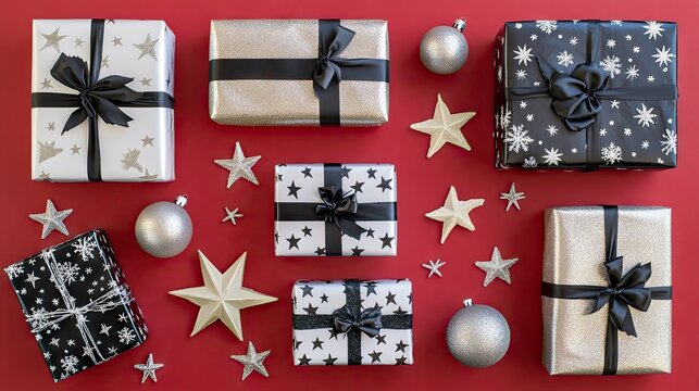 A top view of wrapped gifts, Xmas ornaments, and stars on a red background, ideal for creating a sense of urgency in holiday promotions with room for copy space.