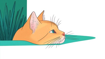 Fototapeta premium Serene Orange Cat Illustration: Quietly Observing from Lush Green Grass. AI Generated