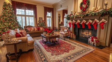 Fototapeta premium A traditional Christmas living room with a beautifully decorated tree, wrapped gifts in red and gold, and a fireplace with stockings hung for the holiday cheer.