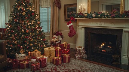 A traditional Christmas scene with a beautifully decorated tree, red and gold wrapped gifts, and a fireplace with stockings hung for the holiday season.