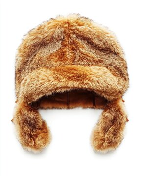Stylish Earflap Fur Cap on White Backdrop: A Fashionable Winter Headwear Piece